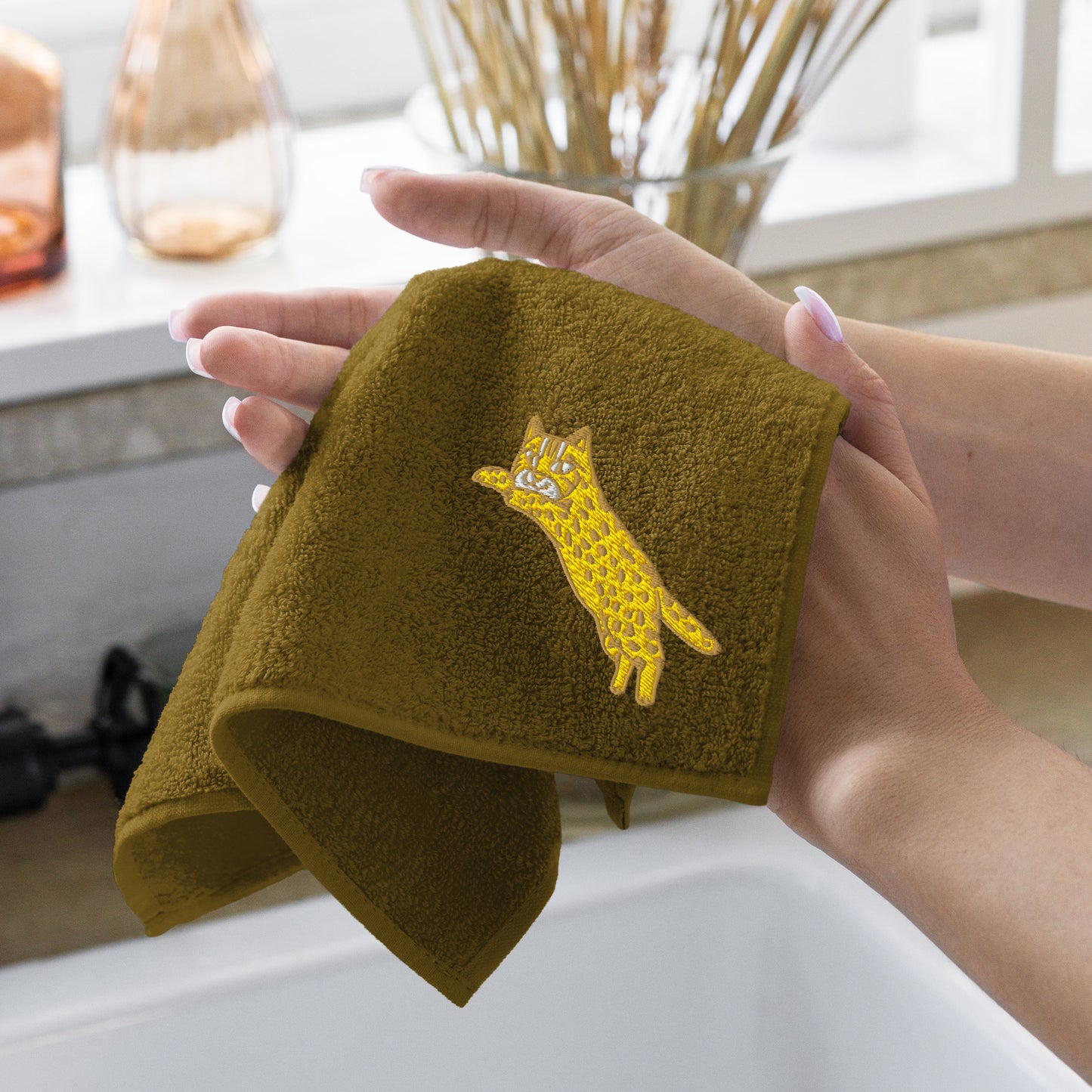 今治棉質刺繡手巾 小虎 苔蘚綠 | Imabari Cotton Hand Towel Little Tiger Moss Green Taiwan Souvenir Quick Dry